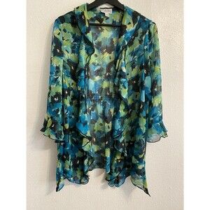 K Studio Women's Sheer Blue, Green Watercolor L (14) Kimono w Ruffle Sleeve F32